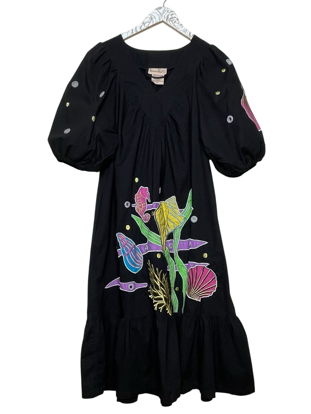 Vintage 70s Ramona Rull Dress Caftan Muumuu Sea Life Mirror Shisha Puff Sleeves
